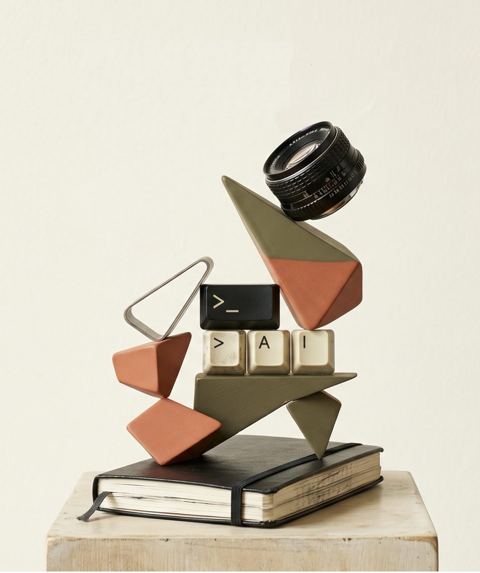 Sculpture of balanced coral and green shapes, keyboard keys spelling AI, a camera lens and a notebook
